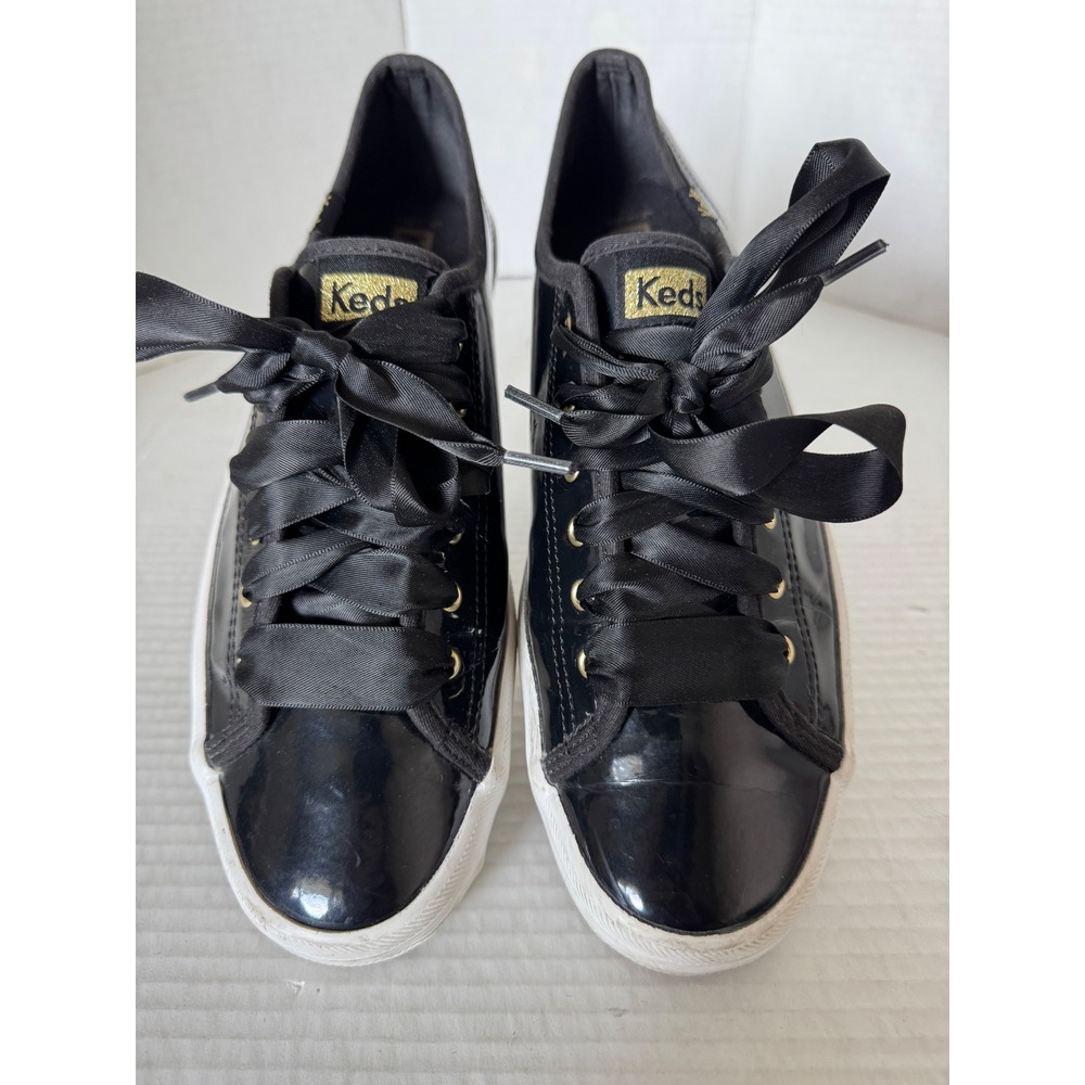 Keds Kickstart Women 9 Black Shiny Patent Leather Satin Ribbon Laces Gold Accent